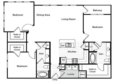 Three bedroom three bathroom floor plan at Westchester at the Pavilions